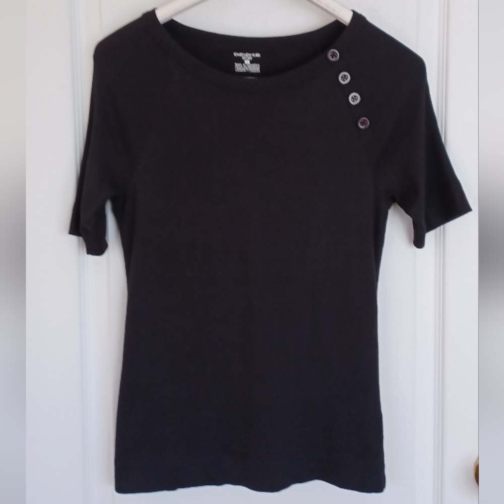 JONES NEW YORK SPORT S 100% COTTON BLACK T-SHIRT 4-BUTTON LEFT SHOULDER ACCENT